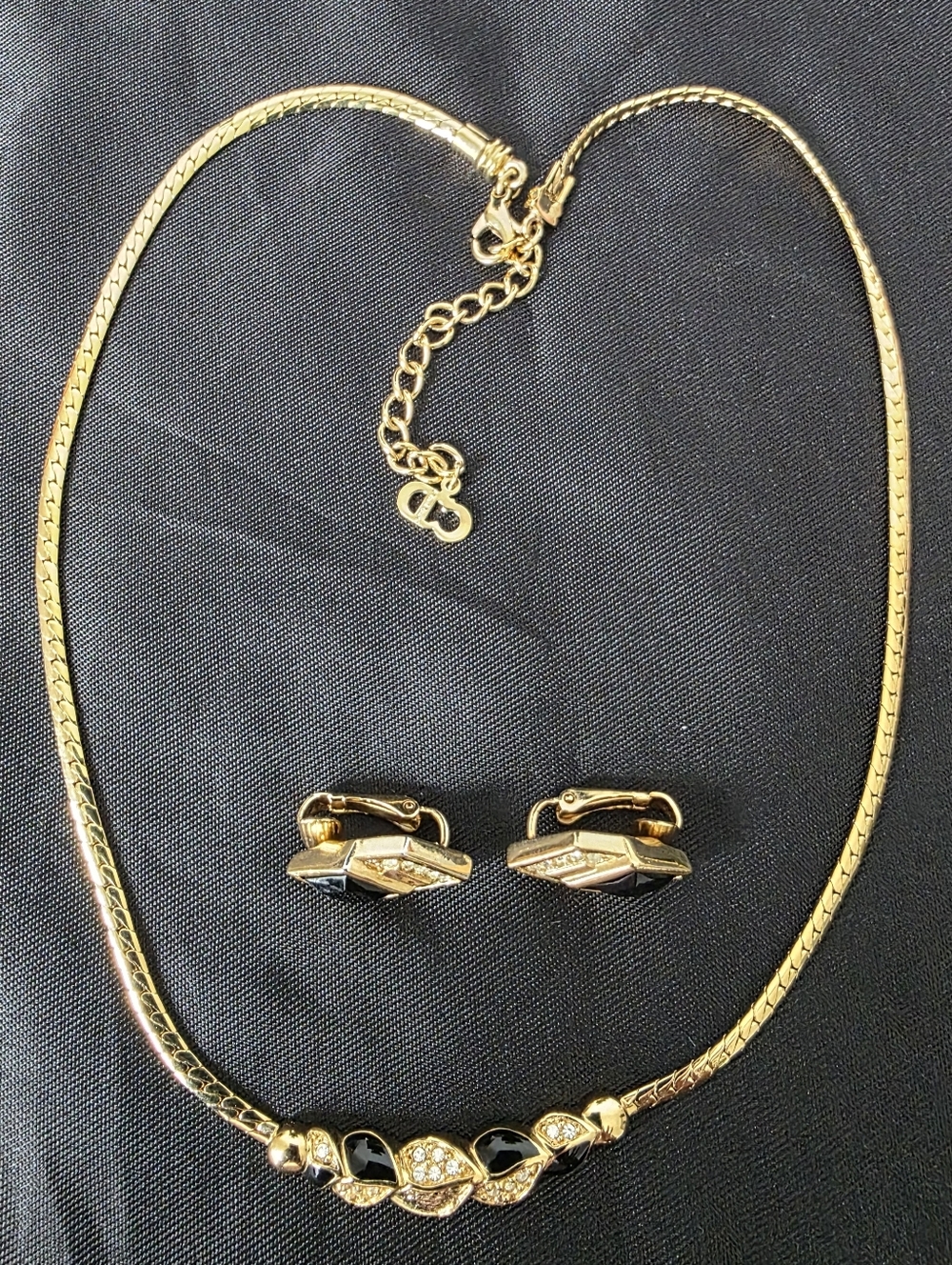 Auth Dior Enamel Rhinestone Necklace And Clipon Gold Stud Earrings - Picture 8 of 14